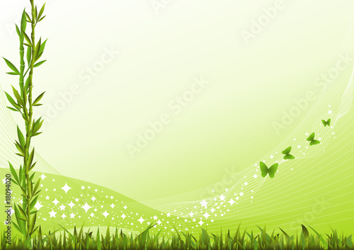 Background with bamboo branches, grass and butterflies.