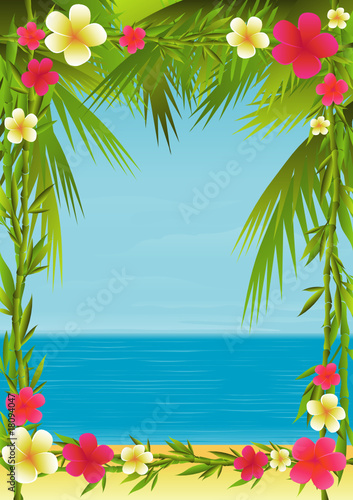 A tropical beach framed by bamboo plumerias and palm trees.