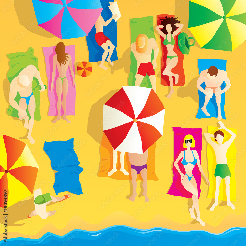 Beach scene, group of people sunbathing. Vector illustration. Beach scene, group of people sunbathing. Vector illustration.