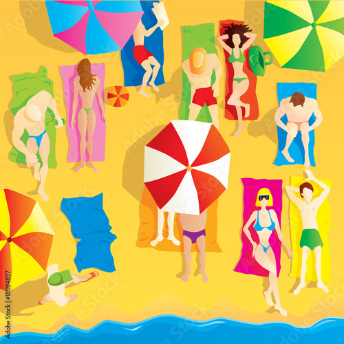 Beach scene, group of people sunbathing. Vector illustration.