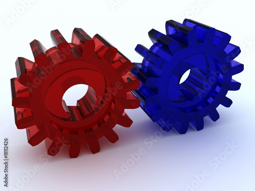 Two gears from glass of blue and red color