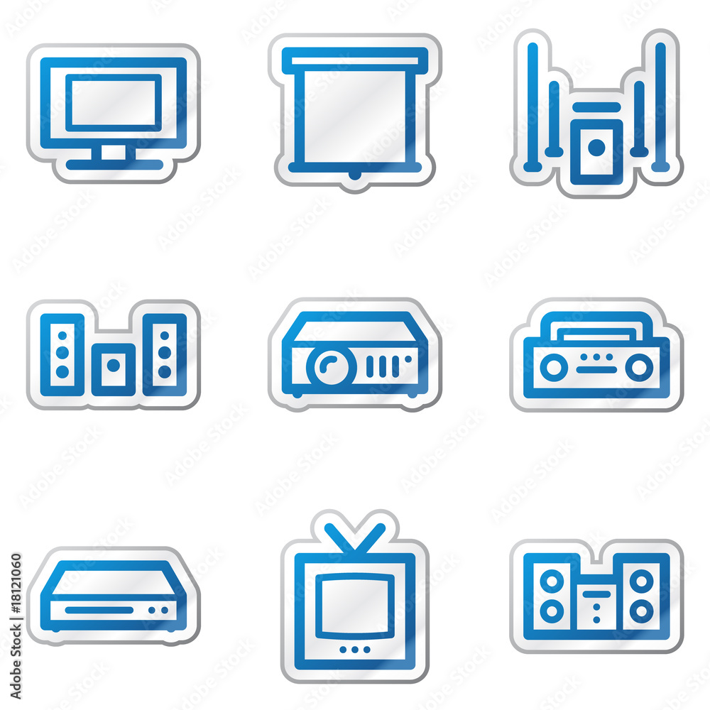 Audio video web icons, blue contour sticker series Audio video web icons, blue contour sticker series