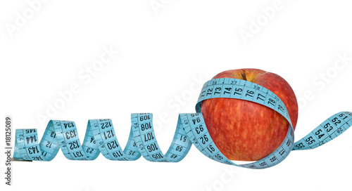 An apple with measuring tape isolated on white background