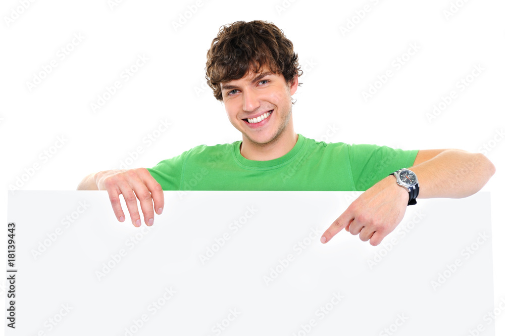 happy man under blank banner and showing on it happy man under blank banner and showing on it