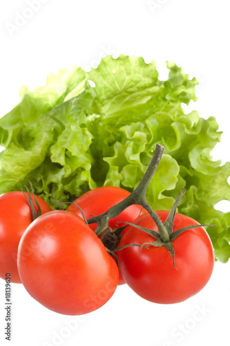 Ripe red tomatoes and green leaves of salad.