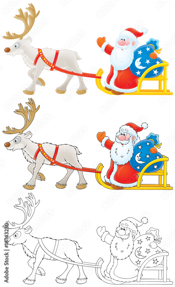 Santa Claus drives in sleigh with reindeer