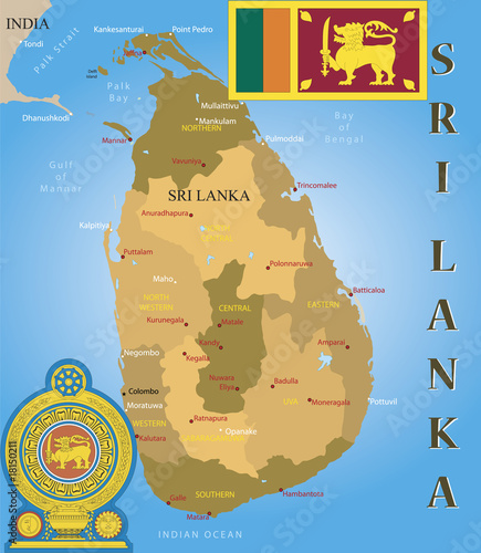 Sri Lanka map, flag and coat of arm.