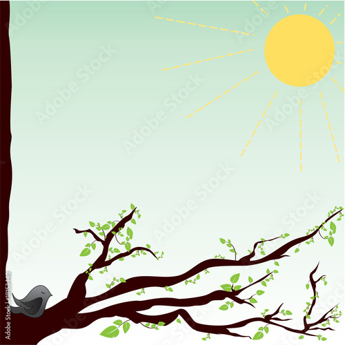 Spring tree with sleepy bird
