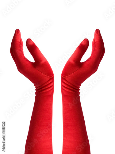 Open hands in red gloves, isolated. Space to insert object. photo