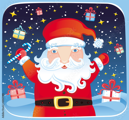 Santa Claus at starry winter night, Christmas Eve.