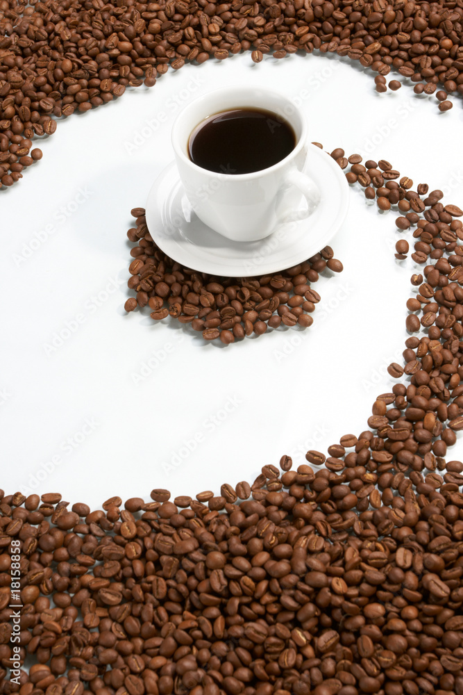 Cup with coffee, costing on coffee grain Cup with coffee, costing on coffee grain
