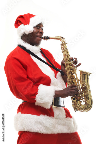 Photography black santa claus playing sax over white background