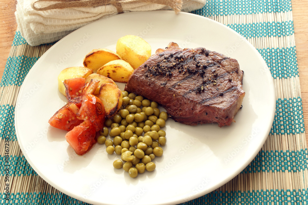 pepper steak with roasted potato on a plate pepper steak with roasted potato on a plate