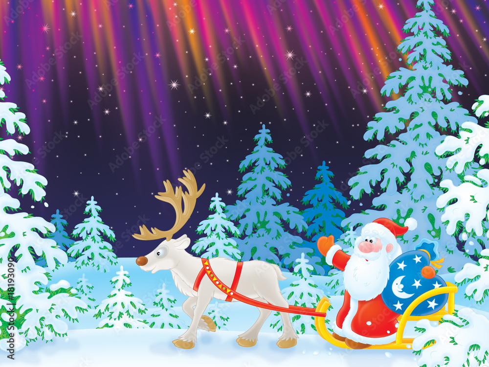 Santa drives in a sledge with reindeer