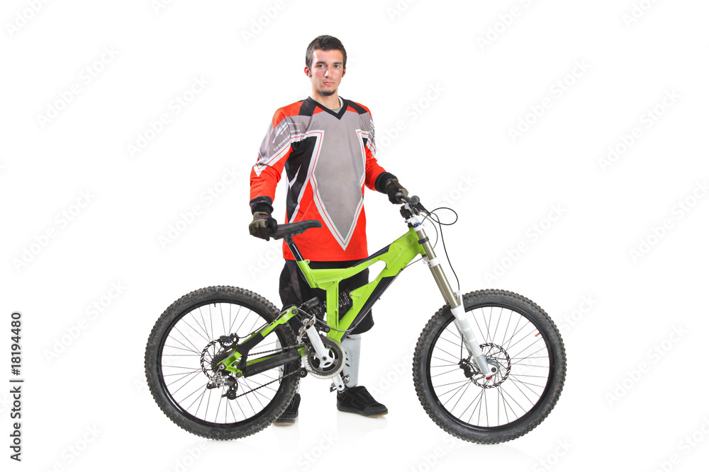 Person with a mountain bike isolated on white