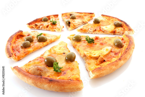 Tasty pizza with olives on white