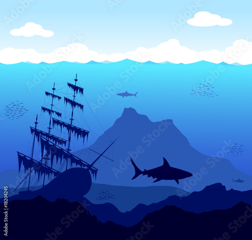 Dangerous underwater world with sharks and ship