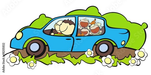 illustration of a happy family traveling by car