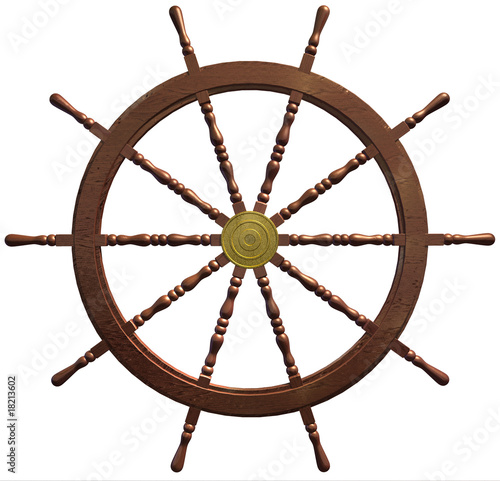 3d of a traditional ships wheel on a white background.