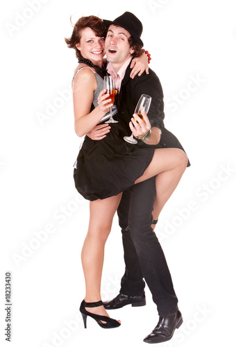 Couple man and girl with wine dance. Isolated.
