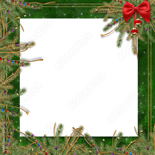 Greeting card for the holiday, with a red ribbon and branches of