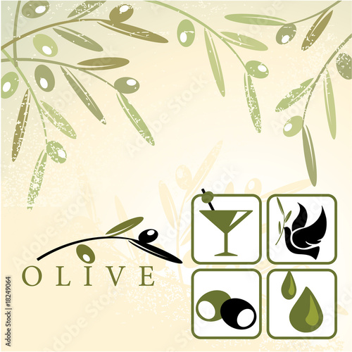 Olive and design elements: martini, bird, oil and logo