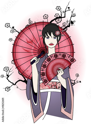 Vector illustration of a cute geisha in traditional dress