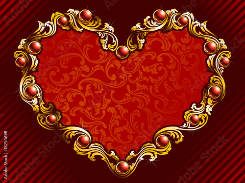 Valentine's Day background with gold filigree and rubies