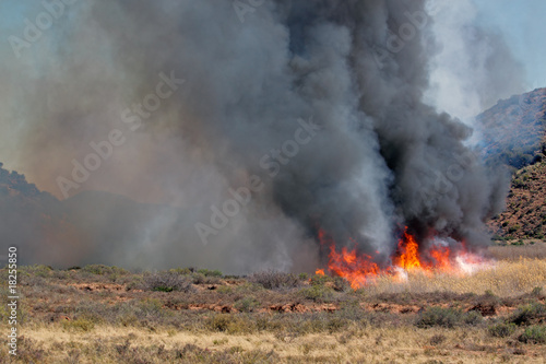 Fierce brushfire with flames and black smoke