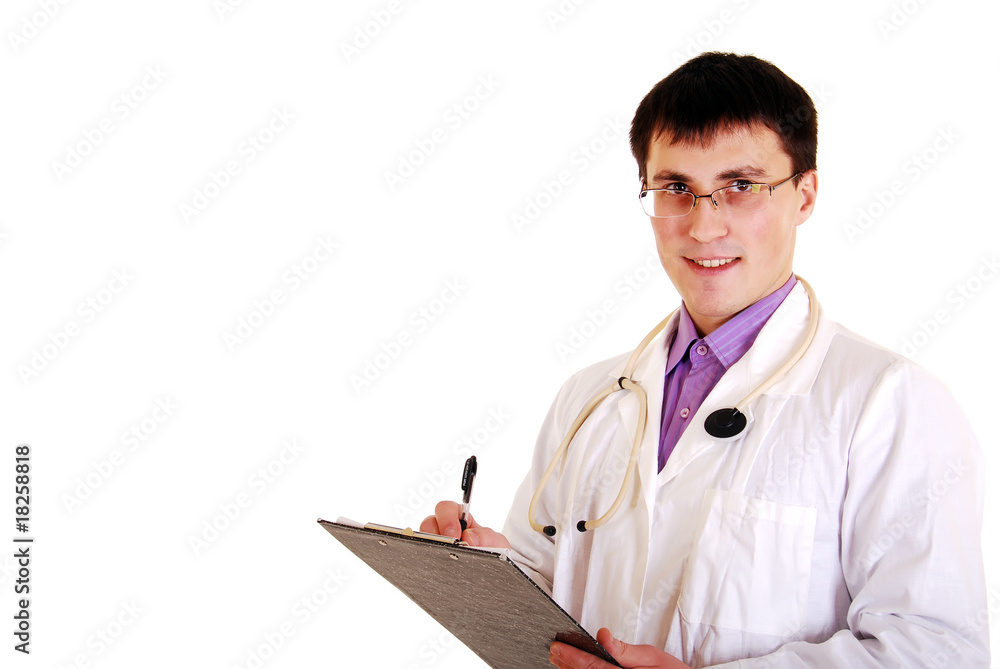 Happy doctor with stethoscope and clipboard. Happy doctor with stethoscope and clipboard.