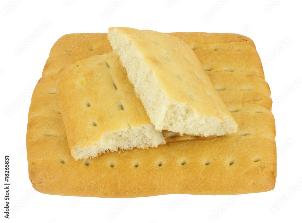 Focaccia flat bread with two broken pieces on top
