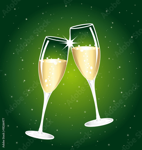 Two cups of champagne. Golden and green illustration.