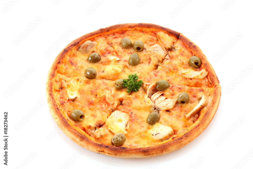 Tasty pizza with olives on white