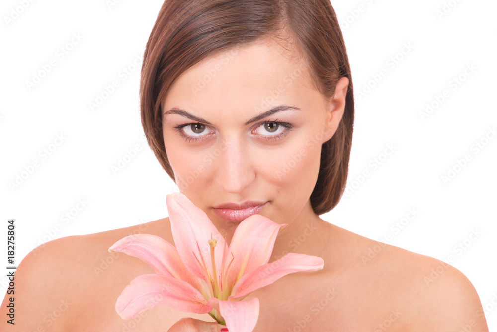 Beautiful woman with flower isolated on white Beautiful woman with flower isolated on white