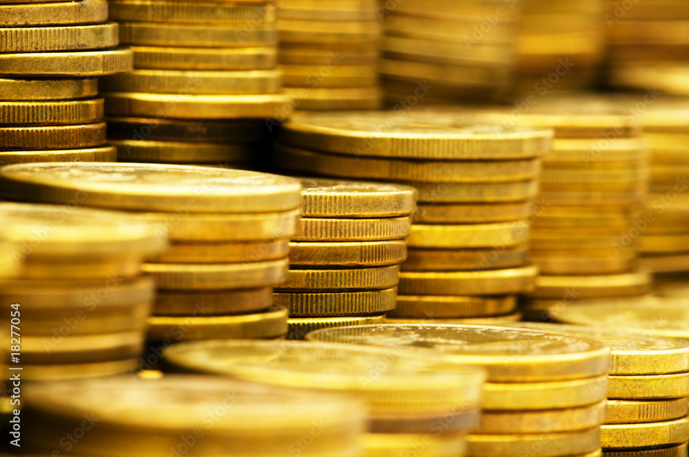 Close up of the golden coin stacks Close up of the golden coin stacks