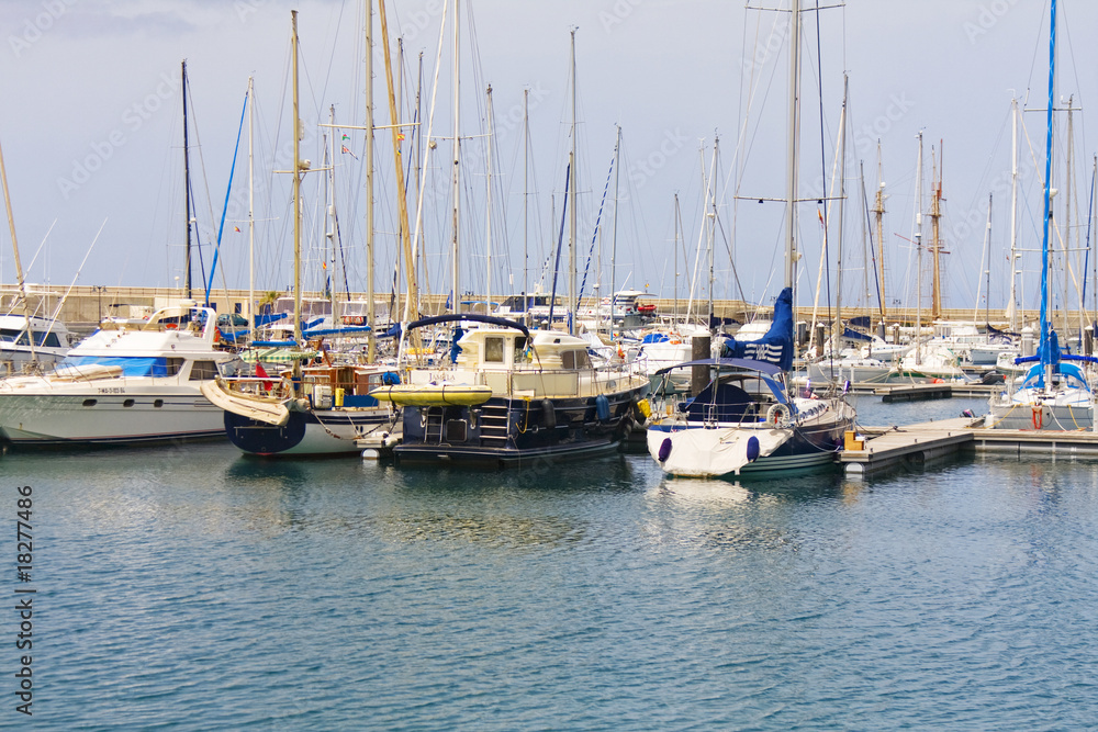 Marina with docked boats in Lanzarote Island Spain