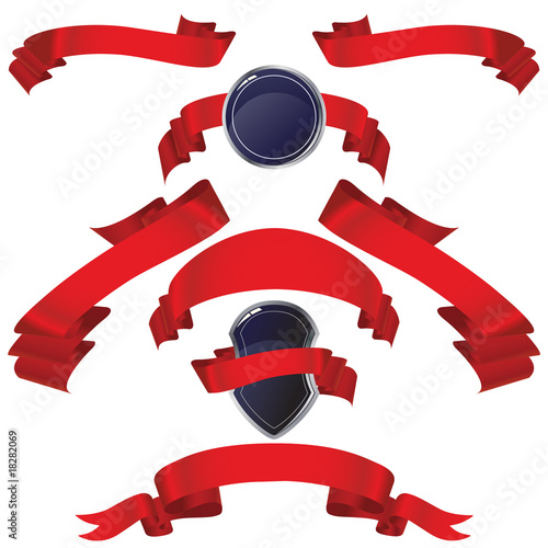 Set of vector red ribbons with shields in different shape.