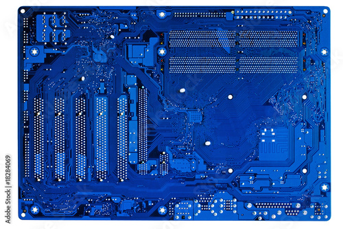Blue electronic circuit close-up.