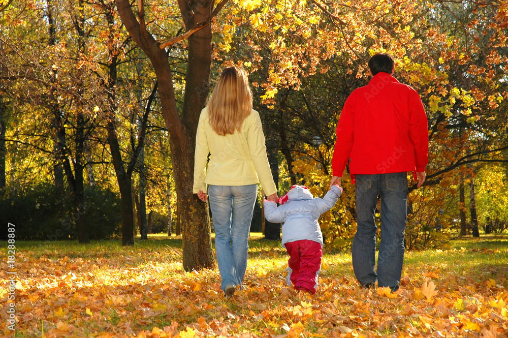 Family with child go in autumn park Family with child go in autumn park