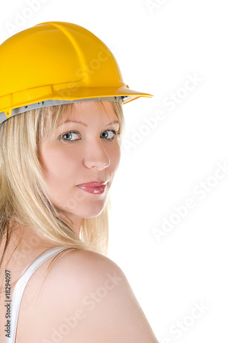 woman in yellow building he...