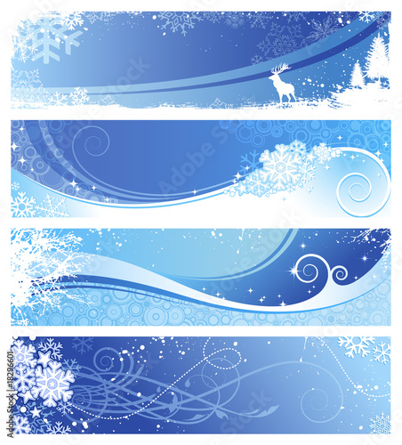 set of 4 blue winter banners with snowflakes and floral elements