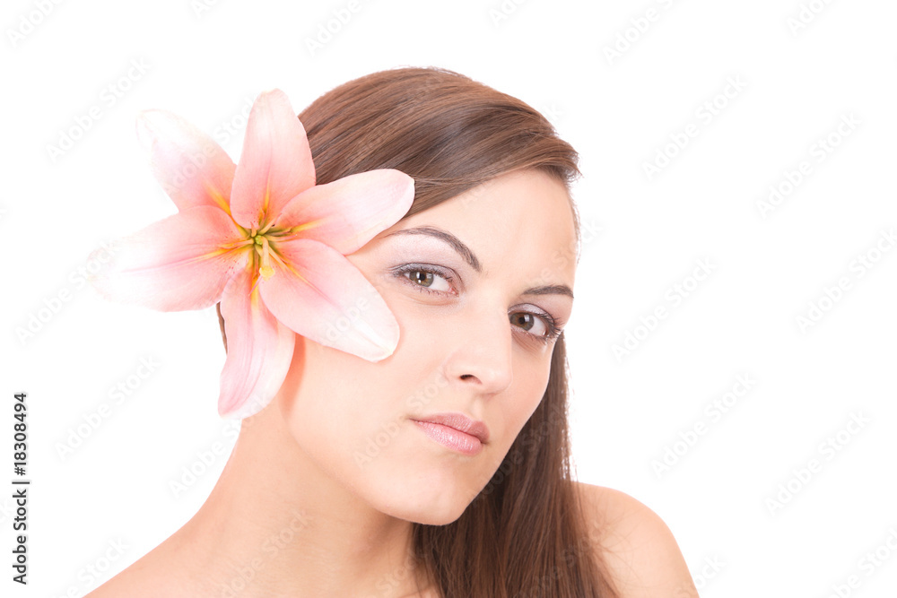 Beautiful woman with flower isolated on white Beautiful woman with flower isolated on white