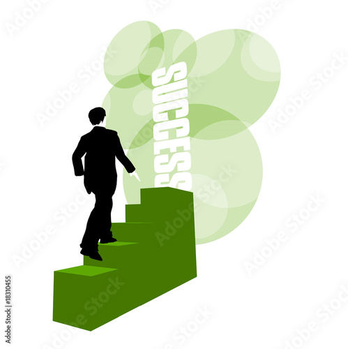Businessman climbing stairs to success on white background