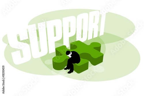 Puzzled man in need of support sits on jigsaw piece