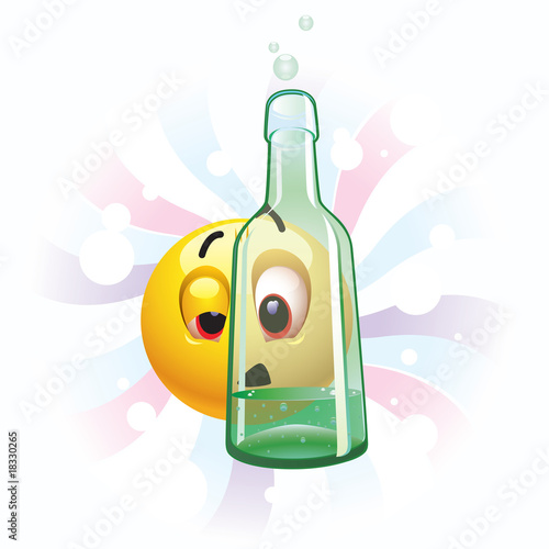 Drunk smiling ball seeing trough bottle