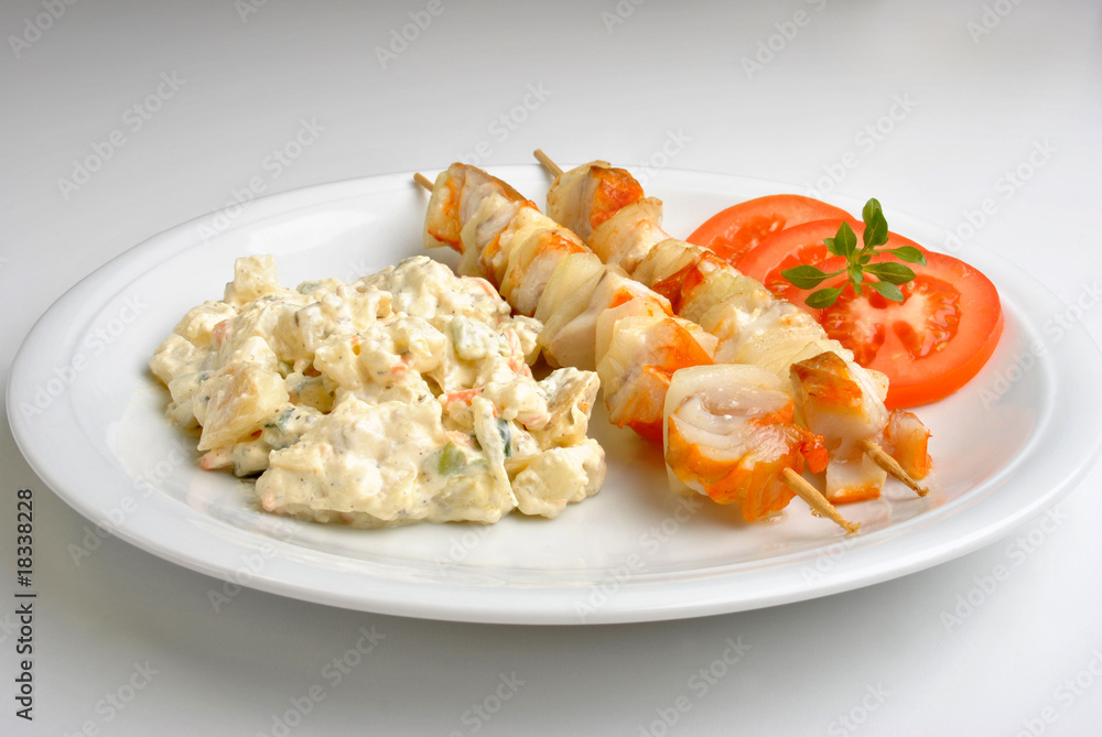 fresh home made potato salad with salmon shashlik fresh home made potato salad with salmon shashlik