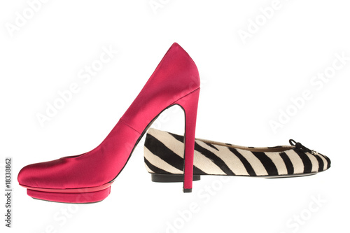 pink satin high heel shoe and zebra print flat shoe