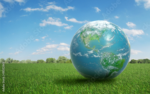 Realistic Earth on a green field of grass