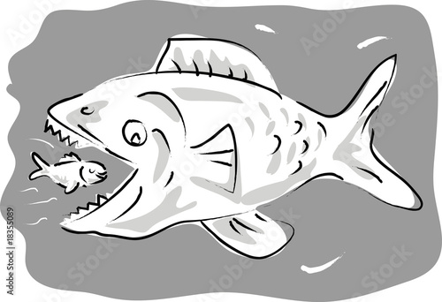 Photography small fish swimming happily inside the mouth of big fish