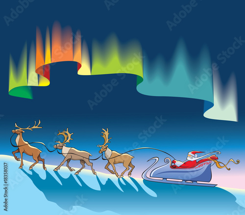Santa sleighing with reindeer, under northern lights, vector